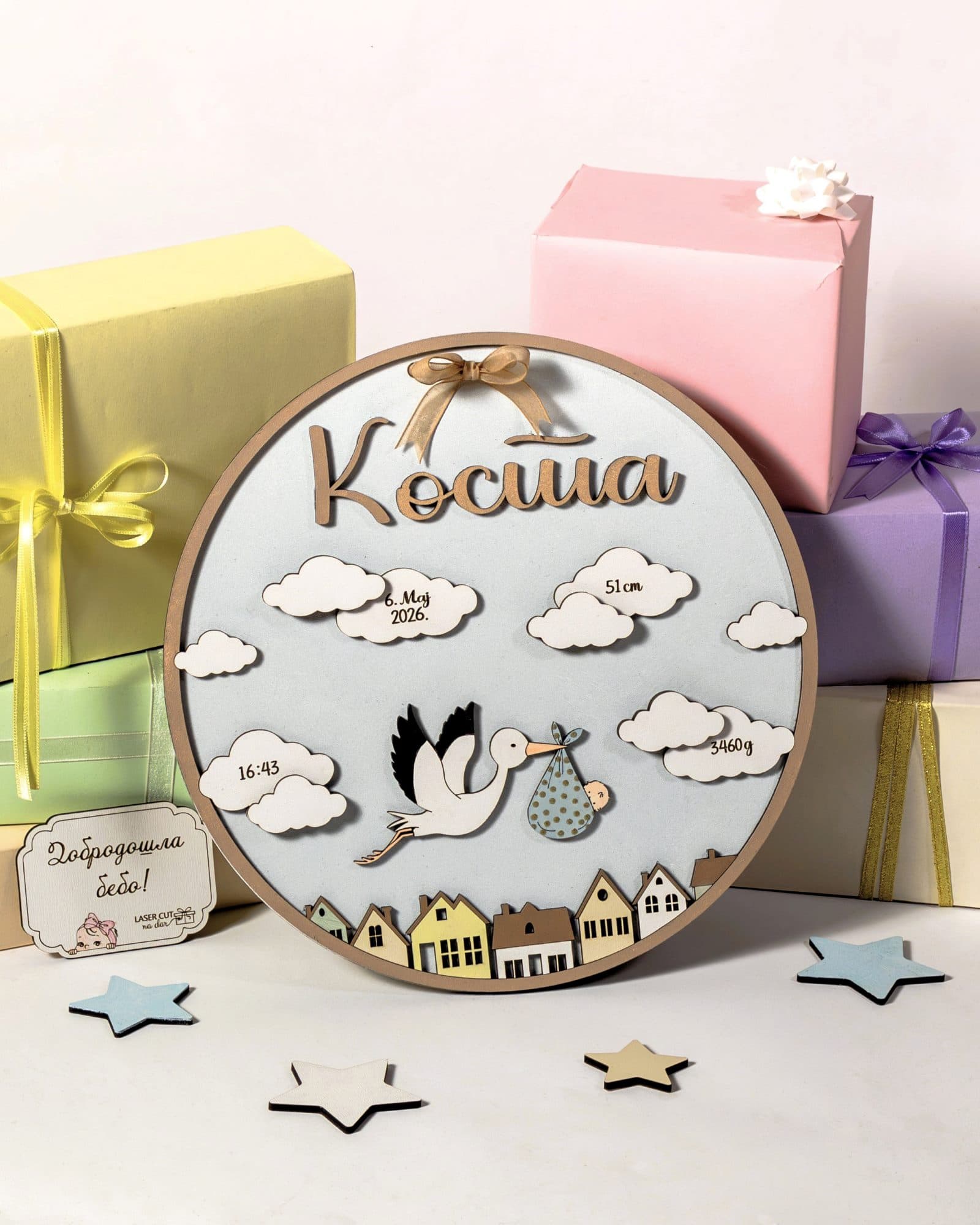 Personalizovana poklon tabla za rodjenje bebe - Model Dolazak